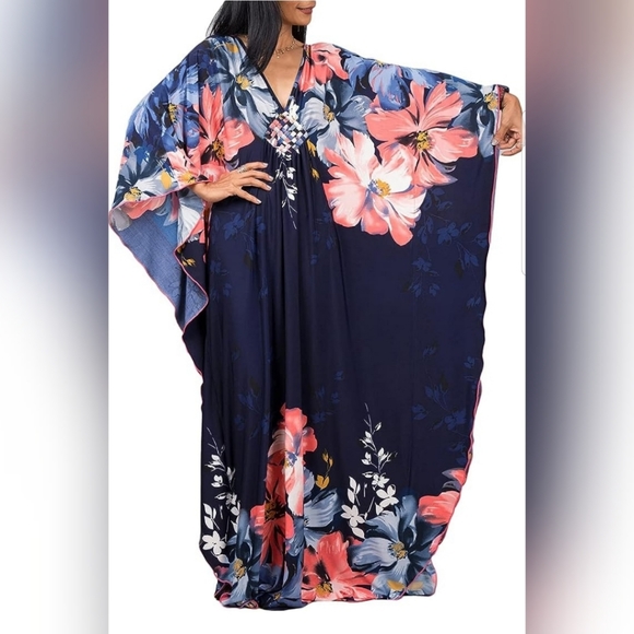 💚Ethnic Print Kaftan Beach Dress Plus Size Swimsuit Cover Up - Picture 1 of 5